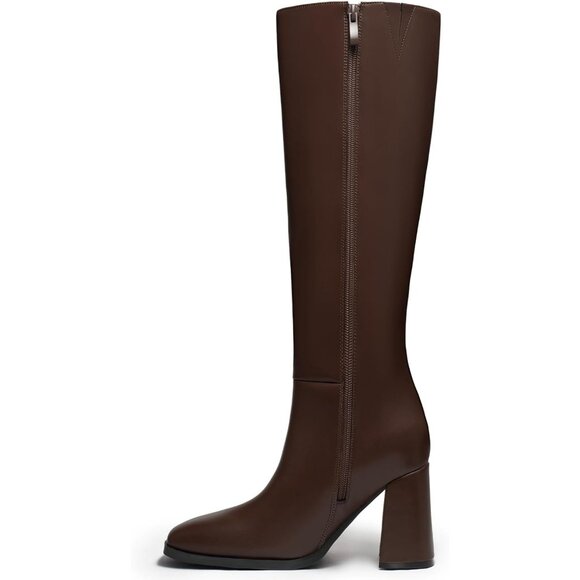 Women's Faux Leather Brown Square Toe Side Zipper Chunky Heel Knee High Boots - Picture 2 of 6